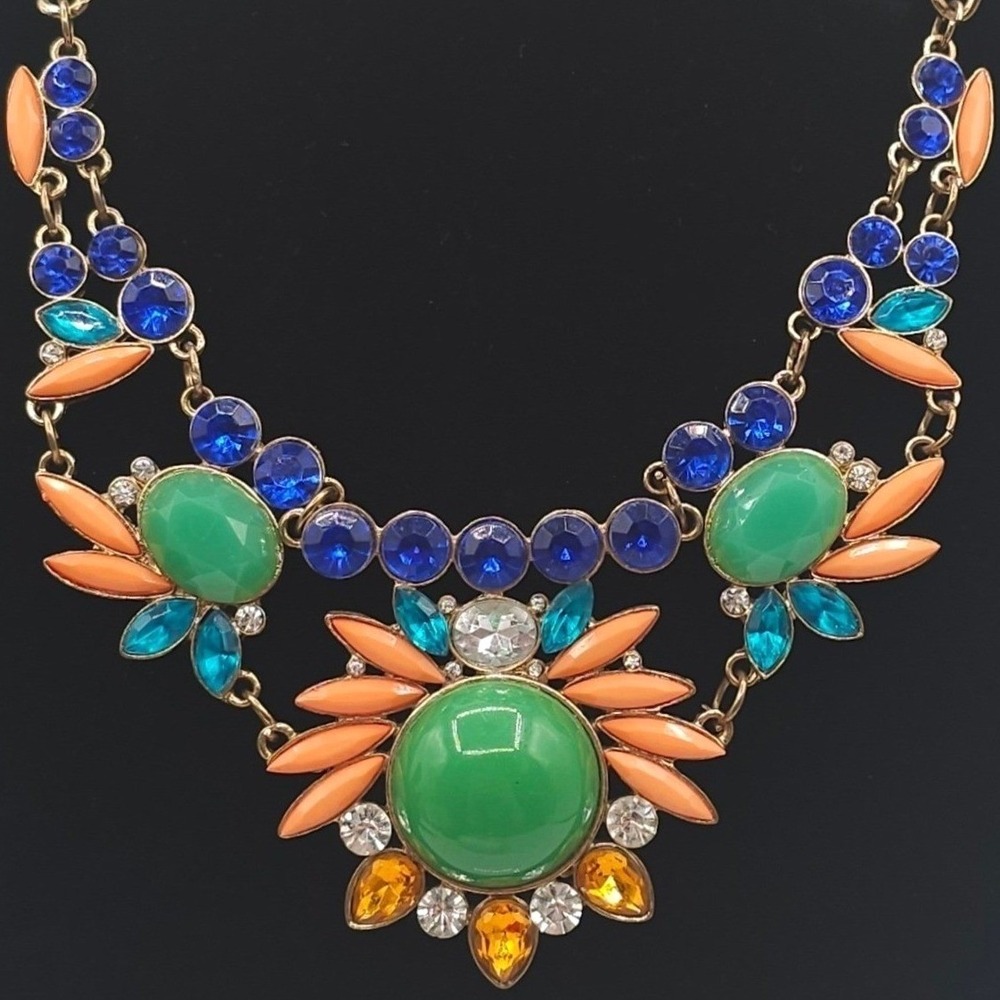 Rhinestone Necklace Statement Green Cabochon Orange Blue Gold Tone Bold Colorful